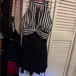 SHEIN Black and White Striped Halter One-Piece Swimdress